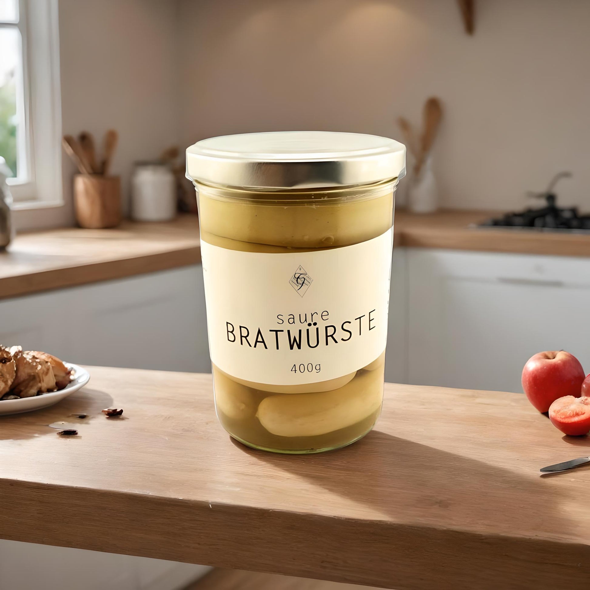 Saure Bratwürste im Glas – Metzgerei Guber – in Zwiebel-Sud eingelegt