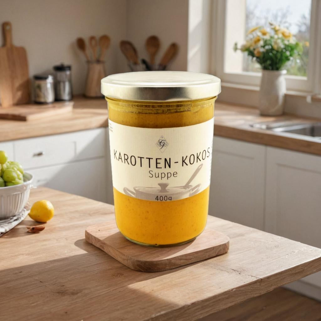 Karotten-Kokos-Suppe im Glas – Metzgerei Guber – vegan, cremig & exotisch – frisch gekocht