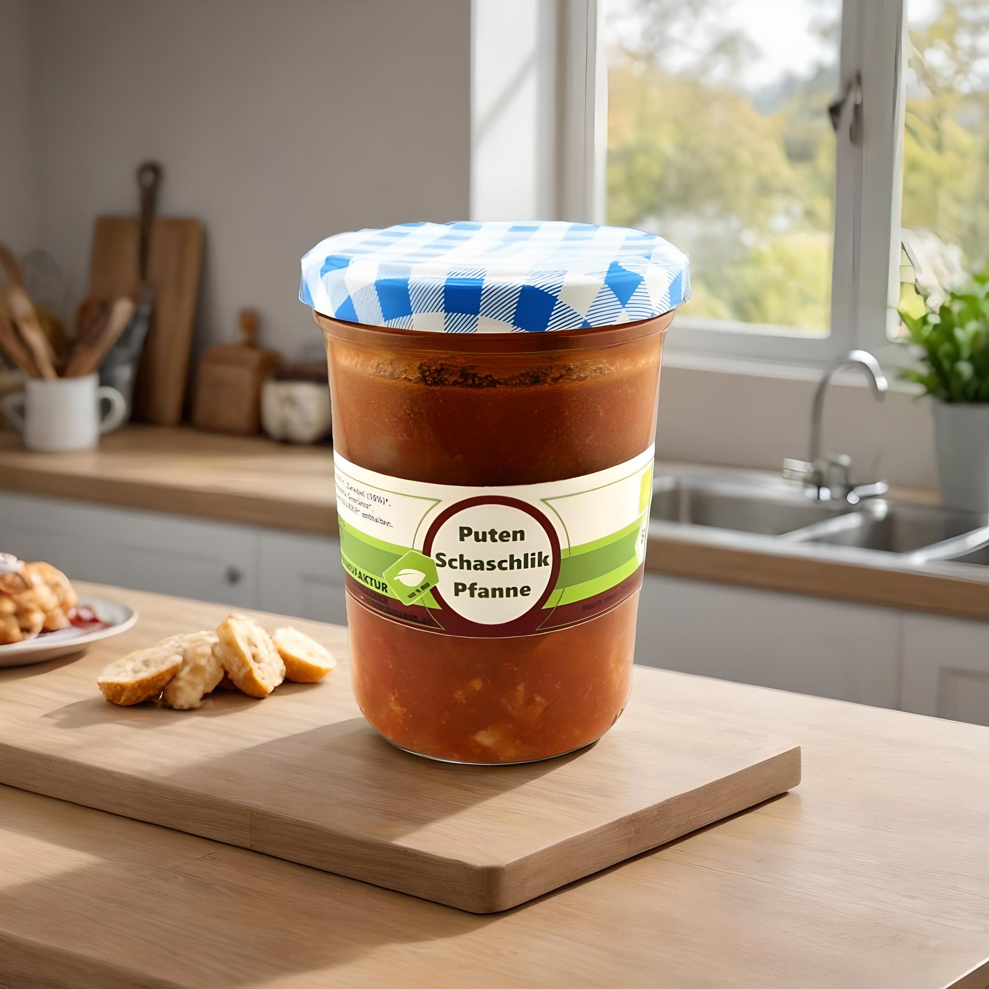 Bio Puten-Schaschlik-Pfanne im Glas – Biometzgerei Merkl – Fertiggericht mit Bio-Putenfleisch